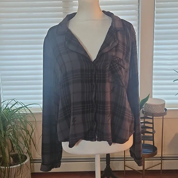 Rails Kellen Lightning Plaid Charcoal Jet Gray Black Womens Pajama Set Large